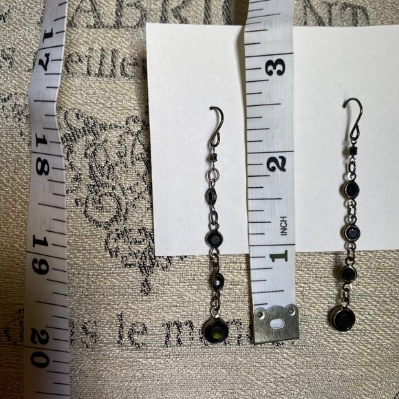 Long silver tone bezel set black stone dangle earrings - Picture 2 of 4